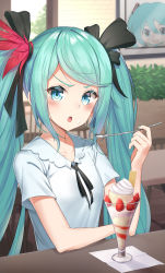 Rule 34 | 1girl, absurdres, aqua hair, aqua nails, bib (bibboss39), black ribbon, blue eyes, blush, cafe, chair, collarbone, commentary, feather hair ornament, feathers, food, food on face, fruit, feather hair ornament, hair ribbon, hand up, hatsune miku, highres, holding, holding spoon, indoors, long hair, looking at viewer, mikudayoo, nail polish, neck ribbon, parfait, photo (object), plant, project diva (series), ribbon, shirt, sitting, solo, spoon, strawberry, supreme (module), table, twintails, upper body, v-shaped eyebrows, very long hair, vocaloid, waffle, whipped cream, white shirt, window, world is mine (vocaloid)