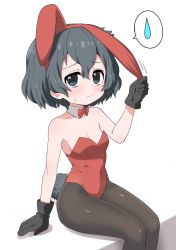 Rule 34 | 1girl, alternate costume, animal ears, bare shoulders, black gloves, black hair, black pantyhose, blue eyes, blush, bow, bowtie, breasts, cleavage, commentary request, cowboy shot, detached collar, fake animal ears, gloves, hands on headwear, kaban (kemono friends), kemono friends, leotard, looking at viewer, no headwear, pantyhose, playboy bunny, rabbit ears, rabbit tail, ransusan, red bow, red bowtie, red leotard, short hair, sitting, sleeveless, solo, spoken sweatdrop, strapless, strapless leotard, sweatdrop, tail