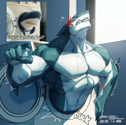 Rule 34 | 1boy, abs, anger vein, bara, biceps, clenched teeth, completely nude, english text, flying sweatdrops, frown, fsl6, furry, furry male, highres, ikea shark, large pectorals, looking to the side, male focus, muscular, muscular male, navel, no nipples, nude, original, parody, pectorals, pointing, pointing at viewer, reference inset, scales, shark boy, sharp teeth, solo, stomach, stuck, stuffed animal, stuffed shark, stuffed toy, teeth, thick eyebrows, trembling, washing machine, wet