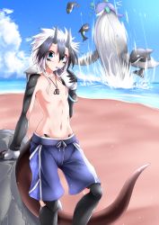 Rule 34 | 1boy, absurdres, arm support, battle, beach, black hair, blue eyes, blue shorts, blue sky, blush, bracelet, claws, cloud, commentary request, cowboy shot, cup, day, dog tags, dragon boy, dragon horns, dragon tail, drinking, drinking straw, dyed bangs, g (genesis1556), groin, hair between eyes, highres, holding, holding cup, horns, jewelry, looking at viewer, male focus, medium hair, motion lines, multicolored hair, navel, ocean, orca, original, outdoors, pectorals, rio (g (genesis1556)), rock, sand, shark, shorts, sky, solo focus, standing, star (symbol), star print, stomach, sweat, tail, topless male, two-tone hair, whale, white hair