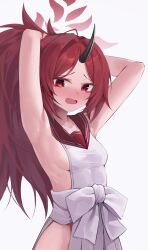 Rule 34 | 1girl, absurdres, armpits, arms behind head, black horns, blue archive, blush, breasts, cowboy shot, halo, highres, horns, long hair, looking at viewer, mau (akdntm3158), open mouth, pleated skirt, ponytail, red eyes, red hair, red halo, red sailor collar, renge (blue archive), sailor collar, side slit, sideboob, simple background, single horn, skirt, small breasts, solo, white background, white skirt