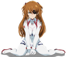Rule 34 | 1girl, arm support, artist request, bad id, bad pixiv id, blue eyes, blush, bodysuit, breasts, brown hair, evangelion: 3.0+1.0 thrice upon a time, eyepatch, frown, highres, interface headset, long hair, looking at viewer, neon genesis evangelion, plugsuit, rebuild of evangelion, shiny clothes, simple background, sitting, skin tight, smile, solo, souryuu asuka langley, thighs, white background, white bodysuit