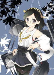 Rule 34 | 10s, 1girl, abenattou, bad id, bad pixiv id, bare shoulders, black hair, black pantyhose, blue background, blue eyes, blush, boots, breasts, cannon, detached sleeves, glasses, hairband, japanese clothes, kantai collection, kirishima (kancolle), leaf, maple leaf, miko, pantyhose, personification, semi-rimless eyewear, short hair, silhouette, skirt, smile, solo, thigh boots, thighhighs, turret