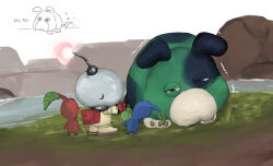 Rule 34 | 1boy, animal ears, backpack, bag, blue fur, blue pikmin, blue skin, brown eyes, colored skin, commentary request, dog, dog ears, dog tail, doodle inset, faceless, faceless male, floppy ears, from behind, gloves, grass, half-closed eyes, helmet, leaf, moss (pikmin), motion lines, nintendo, olimar, outstretched arm, partially colored, pikmin (creature), pikmin (series), pikmin 4, pointy nose, radio antenna, red bag, red gloves, red light, red pikmin, red skin, river, rock, space helmet, spacesuit, splashing, spots, sweatdrop, swimming, tail, tearing up, trembling, usuba (hatomugip), white background