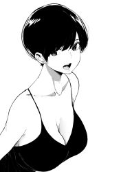 Rule 34 | 1girl, bare arms, bare shoulders, black hair, black tank top, breasts, cleavage, collarbone, commentary, from above, greyscale, highres, jewelry, large breasts, looking to the side, monochrome, norman maggot, olive laurentia, open mouth, original, pixie cut, short hair, simple background, solo, swept bangs, tank top, upper body, white background