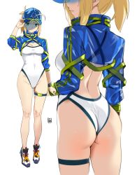 Rule 34 | 1girl, ahoge, arm at side, artoria pendragon (fate), ass, back, bare back, bare legs, baseball cap, blue headwear, breasts, cleavage, closed mouth, competition swimsuit, covered navel, fate/grand order, fate (series), from behind, full body, green eyes, groin, hat, highleg, highleg swimsuit, highres, long hair, long sleeves, looking at viewer, looking back, medium breasts, multiple views, mysterious heroine x (fate), mysterious heroine xx (fate), one-piece swimsuit, parted lips, ponytail, shoes, shrug (clothing), sidelocks, simple background, smile, standing, sweatband, swimsuit, thigh strap, thighs, white background, white footwear, white one-piece swimsuit, yd (orange maru)