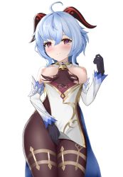 Rule 34 | 1girl, ahoge, bare shoulders, bell, black gloves, blue hair, blush, bodystocking, bodysuit, breasts, breasts out, covering privates, covering crotch, detached sleeves, ganyu (genshin impact), genshin impact, gloves, horns, long hair, looking at viewer, medium breasts, neck bell, nipples, purple eyes, smile, solo, standing, torn bodystocking, torn bodysuit, torn clothes, white background, white sleeves, zhifeng