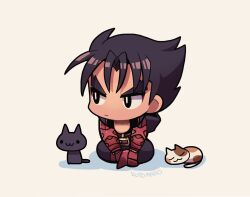 Rule 34 | 1boy, belt, black cat, black eyes, black hair, black pants, bright pupils, calico, cat, chibi, closed mouth, gloves, indian style, kazama jin, kotorai, looking to the side, male focus, no nose, pants, red belt, red gloves, signature, simple background, sitting, solo, tekken, thick eyebrows, v-shaped eyebrows, white pupils
