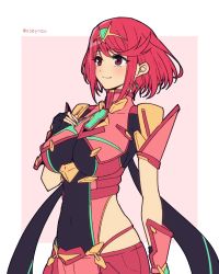 Rule 34 | 1girl, black gloves, breasts, chest jewel, closed eyes, earrings, fingerless gloves, gem, gloves, highres, jewelry, large breasts, mochimochi (xseynao), pyra (xenoblade), red eyes, red hair, red shorts, red thighhighs, short hair, short shorts, shorts, swept bangs, thighhighs, tiara, xenoblade chronicles (series), xenoblade chronicles 2