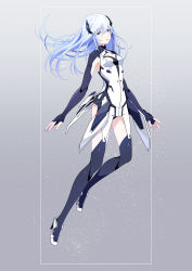 Rule 34 | 10s, 1girl, beatless, black thighhighs, blue hair, bodysuit, breasts, chamooi, cleavage, cleavage cutout, clothing cutout, fingerless gloves, floating hair, full body, gloves, grey background, hair between eyes, highres, lacia, long hair, nail polish, parted lips, small breasts, solo, thighhighs, very long hair