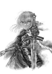 Rule 34 | 1girl, absurdres, armor, armored dress, artoria pendragon (all), artoria pendragon (fate), drawing, dress, excalibur (fate/stay night), fate/stay night, fate (series), gauntlets, highres, holding, holding sword, holding weapon, ibushi roun, knight, monochrome, saber (fate), simple background, sword, weapon