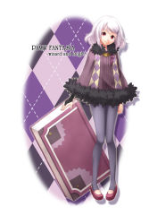 Rule 34 | 1girl, ancientstar, argyle, argyle background, argyle clothes, black leggings, book, bridal gauntlets, fur trim, grey leggings, hair ornament, head tilt, highres, leggings, looking at viewer, no socks, oversized object, pigeon-toed, pixiv fantasia, pixiv fantasia wizard and knight, poncho, red eyes, short hair, solo, white hair