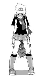 Rule 34 | 1girl, bare shoulders, beanie, between legs, blush, boots, bracelet, breasts, burmy, burmy (plant), closed mouth, creatures (company), dawn (pokemon), female focus, full body, game freak, gen 4 pokemon, greyscale, hair ornament, hairclip, half-closed eyes, hat, jewelry, knee boots, kneehighs, legs apart, long hair, looking at viewer, minashirazu, miniskirt, monochrome, nintendo, nose blush, poke ball symbol, poke ball theme, pokemon, pokemon (creature), pokemon dppt, scarf, sexually suggestive, shirt, simple background, skirt, sleeveless, sleeveless shirt, small breasts, socks, solo focus, standing, sweat, watch, white background, wristwatch