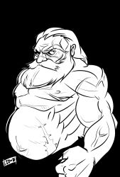 Rule 34 | 1boy, beard, big-d, character request, clenched hand, dungeons &amp; dragons, dwarf, facial hair, greyscale, highres, male focus, manly, monochrome, muscular, scar, topless male, solo