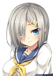 Rule 34 | 10s, 1girl, blue eyes, blush, breasts, collarbone, commentary request, eyes visible through hair, hair ornament, hair over one eye, hairclip, hamakaze (kancolle), kantai collection, large breasts, looking at viewer, moeki yuuta, neckerchief, school uniform, serafuku, short hair, silver hair, simple background, smile, solo, white background, yellow neckerchief