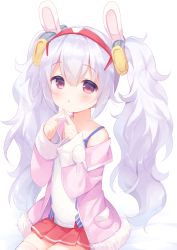 Rule 34 | 1girl, :o, animal ears, azur lane, blush, camisole, chestnut mouth, coat, collarbone, commentary request, cowboy shot, fidgeting, fingers together, hair between eyes, hair ornament, hairband, index fingers together, laffey (azur lane), long hair, long sleeves, looking at viewer, off shoulder, parted lips, pink coat, pleated skirt, rabbit ears, red eyes, red skirt, sidelocks, silver hair, simple background, single bare shoulder, skirt, solo, thighhighs, twintails, usashiro mani, wavy hair, white background, white thighhighs, zettai ryouiki