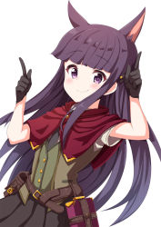 Rule 34 | ame., animal ear fluff, animal ears, bag, belt, belt buckle, black gloves, black skirt, blunt bangs, blush, brown belt, buckle, capelet, closed mouth, commentary request, dutch angle, gloves, green vest, hands up, highres, kasumi (princess connect!), long hair, looking at viewer, pleated skirt, princess connect!, purple eyes, purple hair, red capelet, satchel, shirt, short sleeves, simple background, skirt, smile, solo, split mouth, very long hair, vest, white background, white shirt