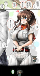 Rule 34 | 10s, 1boy, 2girls, admiral (kancolle), belt, blue eyes, blush, breast envy, breast pocket, breasts, comic, grey hair, highres, impossible clothes, japanese clothes, kantai collection, konoshige (ryuun), large breasts, long hair, multiple girls, neckerchief, no panties, open mouth, own hands together, pocket, ponytail, red neckerchief, saratoga (kancolle), see-through, shaded face, translation request, twintails, zuikaku (kancolle)