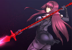 Rule 34 | 1girl, armor, ass, back, bodysuit, breasts, closed mouth, cowboy shot, fate/grand order, fate (series), from behind, gae bolg (fate), gloves, glowing, hair intakes, holding, holding weapon, jyura, large breasts, long hair, looking at viewer, looking back, pauldrons, pink lips, polearm, purple hair, red eyes, scathach (fate), shoulder armor, solo, spear, thigh strap, vambraces, very long hair, weapon
