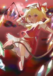 Rule 34 | 1girl, ascot, bat wings, blonde hair, crystal, dress, flandre scarlet, full body, hat, medium hair, mob cap, open mouth, red dress, red eyes, side ponytail, solo, touhou, user ptvs3537, wings, yellow ascot