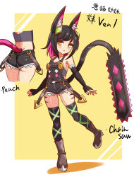 Rule 34 | 1girl, animal ears, ass, bare shoulders, black hair, boots, cat ears, chainsaw, cougar (cougar1404), cutcat, elbow gloves, fingerless gloves, from behind, gloves, looking at viewer, multicolored hair, multiple views, open mouth, original, overalls, pink hair, shiny clothes, shiny skin, short hair with long locks, short shorts, shorts, solo, tail, thighhighs