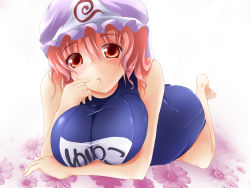 Rule 34 | 1girl, breast hold, breasts, female focus, flower, hat, highres, huge breasts, lying, negamaro, on stomach, red eyes, red hair, saigyouji yuyuko, saliva, saliva trail, school swimsuit, short hair, solo, swimsuit, touhou