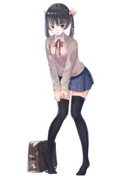 Rule 34 | 1girl, absurdres, adjusting clothes, adjusting legwear, bad id, bad pixiv id, bag, bag charm, black eyes, black hair, black thighhighs, blue skirt, bow, breasts, brown sweater, charm (object), collared shirt, commentary request, dress shirt, fingernails, full body, hair bow, highres, leaning forward, long hair, long sleeves, neck ribbon, no shoes, original, pigeon-toed, pink bow, pleated skirt, red ribbon, ribbon, school bag, school uniform, shii (kairi-t-k0317), shirt, simple background, skirt, sleeves past wrists, small breasts, solo, standing, sweater, thighhighs, tiptoes, twintails, white background, white shirt