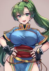 Rule 34 | 1girl, belt, black gloves, breasts, earrings, facing viewer, fingerless gloves, fire emblem, fire emblem: the blazing blade, gloves, green eyes, green hair, high ponytail, highres, hirotaka (hrtk990203), jewelry, large breasts, light blush, long hair, looking at viewer, lyn (fire emblem), nintendo, open mouth, parted bangs, pelvic curtain, ponytail, rectangle, sheath, smile, solo, sword, teeth, thighs, undershirt, upper body, upper teeth only, very long hair, weapon