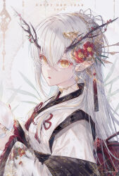 Rule 34 | 1girl, chinese clothes, dragon girl, dragon horns, earrings, floral print, flower, hair flower, hair ornament, hanfu, happy new year, highres, horns, japanese clothes, jewelry, kimono, long hair, looking at viewer, mokoppe, multicolored hair, nengajou, new year, open mouth, orange eyes, original, pointy ears, print kimono, ring, solo, streaked hair, very long hair, white hair