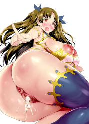 Rule 34 | 1girl, aftersex, alternate breast size, bare shoulders, blush, breasts, brown eyes, brown hair, censored, cleavage, cum, cum in pussy, curvy, ear piercing, earrings, eyelashes, fate/grand order, fate/stay night, fate (series), female focus, hair ornament, highres, hoop earrings, huge breasts, ishtar (fate), jewelry, long hair, looking at viewer, looking back, lying, mozu-k, nipples, open mouth, piercing, puffy nipples, shiny skin, solo, tohsaka rin, wide hips