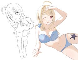 Rule 34 | 1girl, ;d, ahoge, akamatsu kaede, bare arms, bare shoulders, bikini, blue bikini, blush, bow, breasts, cleavage, danganronpa (series), danganronpa v3: killing harmony, foreshortening, fortissimo, hair bow, hair ornament, highres, keke (xfxyuio), korean commentary, large breasts, long hair, long sleeves, lying, miniskirt, multiple views, musical note, musical note hair ornament, navel, on side, one eye closed, open mouth, pink eyes, simple background, skirt, smile, starfish, sweater vest, swimsuit, teeth, upper teeth only, white background