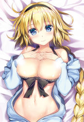 Rule 34 | 1girl, bad id, bad pixiv id, bed sheet, bikini, bikini pull, bikini top only, black bikini, black hairband, blonde hair, blue eyes, blue jacket, blush, braid, breasts, censored, closed mouth, clothes pull, collarbone, commentary request, fate/grand order, fate (series), fingernails, fujima takuya, hair between eyes, hairband, hands up, head tilt, highres, jacket, jeanne d&#039;arc (fate), jeanne d&#039;arc (ruler) (fate), jeanne d&#039;arc (swimsuit archer) (fate), jeanne d&#039;arc (swimsuit archer) (first ascension) (fate), large breasts, light censor, long hair, long sleeves, lying, navel, off shoulder, on back, open clothes, open jacket, single braid, sleeves past wrists, smile, solo, swimsuit, upper body, very long hair