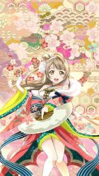 Rule 34 | 10s, 1girl, artist request, blonde hair, bow, hand fan, floral background, flower, hair flower, hair ornament, japanese clothes, kimono, love live!, love live! school idol festival, love live! school idol project, minami kotori, official art, solo, third-party edit, yellow eyes