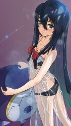 Rule 34 | 1girl, akatsuki (akatsukinotsuki), ar tonelico, ar tonelico iii, bare arms, black bra, black hair, black panties, blush, bow, bow camisole, bra, bra visible through clothes, chest bow, closed mouth, cosplay, dress, eyelashes, flat chest, green eyes, hair between eyes, highres, kigurumi, light particles, light rays, lingerie, long bangs, long hair, looking at viewer, nightgown, panties, purple background, red bow, removing costume, see-through, simple background, soma (ar tonelico), steam, sweat, sweaty clothes, underwear, undressing, very long hair, very sweaty, wet, wet clothes, wet hair