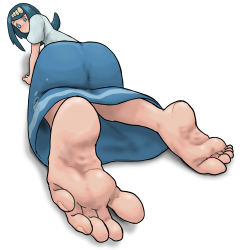 Rule 34 | 1girl, absurdres, barefoot, blue eyes, blue hair, blush, creatures (company), feet, foot focus, from behind, game freak, highres, lana&#039;s mother (pokemon), long hair, looking back, nintendo, pokemon, pokemon (anime), pokemon sm (anime), simple background, smile, soles, solo, toes, white background, yamamoto