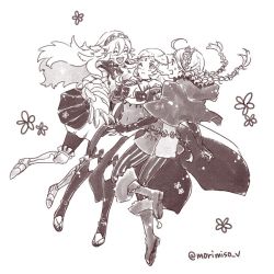 Rule 34 | 3girls, ahoge, armored boots, boots, braid, breasts, cape, capelet, cleavage, cleavage cutout, closed mouth, clothing cutout, covered navel, closed eyes, fingerless gloves, fire emblem, fire emblem fates, gloves, greyscale, hairband, insarability, long hair, long sleeves, monochrome, multiple girls, nina (fire emblem), nintendo, one eye closed, open mouth, ophelia (fire emblem), simple background, soleil (fire emblem), twin braids, twitter username, white background