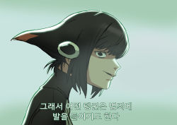 Rule 34 | 10s, 1girl, absurdres, adelie penguin (kemono friends), black eyes, black hair, empty eyes, facing away, from side, gradient background, green background, highres, kemono friends, korean text, looking at viewer, multicolored hair, open mouth, orange hair, roonhee, short hair, sidelocks, sideways mouth, solo, text focus, translation request, turtleneck, two-tone hair, upper body