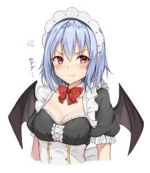 Rule 34 | 1girl, alternate costume, amagi (amagi626), arms at sides, black dress, blue hair, blush, bow, bowtie, breasts, buttons, center frills, cleavage, closed mouth, cropped torso, detached collar, dress, enmaided, eyelashes, frilled sleeves, frills, frown, highres, light blue hair, looking at viewer, maid, maid headdress, medium breasts, puffy short sleeves, puffy sleeves, red bow, red bowtie, red eyes, remilia scarlet, short hair, short sleeves, simple background, solo, squiggle, standing, sweatdrop, touhou, translated, upper body, v-shaped eyebrows, wavy mouth, white background, wing collar