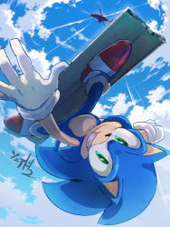 Rule 34 | 1boy, aircraft, animal nose, bad id, bad pixiv id, blue sky, cloud, falling, furry, furry male, gloves, green eyes, grin, helicopter, highres, looking at viewer, male focus, msg01, red footwear, shoes, sky, smile, sneakers, solo, sonic (series), sonic adventure 2, sonic the hedgehog, upside-down, white gloves