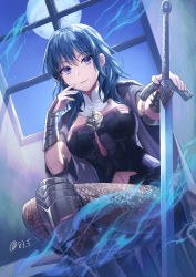 Rule 34 | 1girl, black coat, black footwear, black shirt, black shorts, blouse, blue eyes, blue hair, boots, breasts, brown pantyhose, bustier, byleth (female) (fire emblem), byleth (fire emblem), closed mouth, clothing cutout, coat, commentary request, dutch angle, elbow pads, fire emblem, fire emblem: three houses, full moon, hair between eyes, hand on hilt, high heel boots, high heels, indoors, knee boots, knee pads, lace, lace-trimmed legwear, lace trim, large breasts, looking at viewer, medal, medium hair, moon, navel, navel cutout, night, nintendo, pantyhose, pantyhose under shorts, patterned legwear, planted, planted sword, planted weapon, print pantyhose, shirt, short shorts, shorts, sidelocks, single knee pad, sitting, smile, solo, sword, tassel, twitter username, vambraces, weapon, window, yamigo