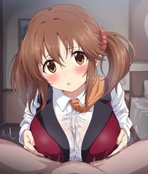 Rule 34 | 1boy, 1girl, :o, blush, breasts, brown eyes, brown hair, clothed female nude male, commentary request, commission, hair between eyes, hair ornament, hair scrunchie, hetero, highres, idolmaster, idolmaster cinderella girls, indoors, large breasts, looking at viewer, necktie, nude, orange neckwear, paizuri, paizuri under clothes, pixiv commission, red scrunchie, royale style (idolmaster), scrunchie, shirt, sincos, solo focus, totoki airi, twintails, upper body, white shirt