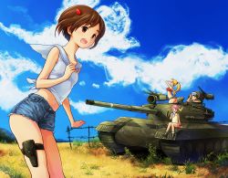 Rule 34 | 4girls, :d, arched back, ass, bad id, bad pixiv id, bare shoulders, blonde hair, blue sailor collar, brown eyes, brown hair, cloud, cutoffs, day, denim, denim shorts, drinking, goggles, hair ornament, hairclip, helmet, holster, long hair, military, military vehicle, motor vehicle, multiple girls, on vehicle, open mouth, original, pink hair, ponytail, sailor collar, shirt, short hair, short shorts, shorts, sitting, smile, solo focus, strapless, tank, thigh holster, tied shirt, tube top, twintails, uratari, vehicle