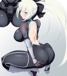 Rule 34 | 1girl, ass, ass focus, ass grab, back, black bow, blue eyes, blush, bodysuit, bow, braid, breasts, cameltoe, danpu, fate/grand order, fate (series), french braid, from behind, full body, grabbing own ass, hand on own ass, high heels, highres, impossible bodysuit, impossible clothes, impossible leotard, large breasts, leotard, long hair, looking at viewer, looking back, morgan le fay (fate), ponytail, shoes, skin tight, solo, spread legs, squatting, taimanin suit, tiptoes, white hair