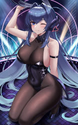 Rule 34 | 1girl, ;), absurdres, animal ears, arm strap, arm up, azur lane, bare shoulders, black footwear, black leotard, blue eyes, blue hair, blush, bodystocking, breasts, brown pantyhose, chinese commentary, cleavage, commentary request, covered navel, eternity (shadeh), fake animal ears, full body, hair between eyes, headgear, high heels, highres, large breasts, leotard, long hair, looking at viewer, new jersey (azur lane), new jersey (exhilarating steps!) (azur lane), official alternate costume, one eye closed, pantyhose, playboy bunny, rabbit ears, see-through, see-through cleavage, smile, solo, very long hair