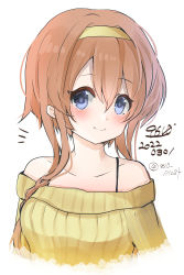 Rule 34 | 1girl, 9610 (kuroto), absurdres, alternate costume, bare shoulders, braid, grey eyes, hairband, highres, kantai collection, light brown hair, long hair, looking at viewer, off-shoulder sweater, off shoulder, one-hour drawing challenge, ribbed sweater, simple background, solo, sweater, teruzuki (kancolle), twin braids, upper body, white background, yellow hairband