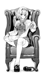Rule 34 | 1girl, alice margatroid, armchair, bad id, bad twitter id, blush, capelet, chair, full body, greyscale, hairband, loafers, looking at viewer, mokumokuren (atariya kyoushitsu), monochrome, shoes, unworn shoes, short hair, single shoe, sitting, solo, thighhighs, thighhighs pull, touhou