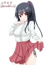 Rule 34 | 1girl, alternate costume, black hair, black panties, breasts, clothes lift, cowboy shot, dated, highres, kantai collection, large breasts, lifting own clothes, long hair, looking at viewer, meme attire, panties, pleated skirt, ponytail, red eyes, red skirt, shirt, side-tie peek, skirt, skirt lift, solo, tongue, tongue out, twitter username, underwear, virgin killer outfit, white shirt, yahagi (kancolle), yamazasan