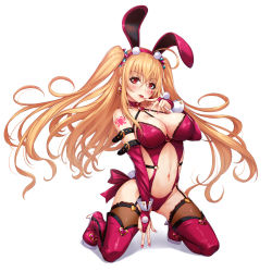 Rule 34 | 1girl, animal ears, arm strap, bare shoulders, blonde hair, blush, boots, breasts, bridal gauntlets, cleavage, detached collar, fake animal ears, finger to mouth, floating hair, full body, garter straps, high heel boots, high heels, highres, kneeling, large breasts, leotard, long hair, looking at viewer, nail polish, o-ring, original, playboy bunny, rabbit ears, rabbit tail, red eyes, red leotard, red nails, revealing clothes, sakiyamama, sidelocks, signature, solo, tail, thigh boots, thighhighs, thighhighs under boots, twintails, two side up, wrist cuffs