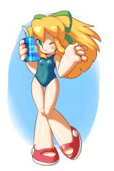 Rule 34 | 1girl, blonde hair, blue background, blue one-piece swimsuit, covered navel, doll joints, energy tank, green eyes, green ribbon, hair ribbon, highres, joints, long hair, looking at viewer, mega man (classic), mega man (series), muu (mumumer), one-piece swimsuit, one eye closed, ponytail, ribbon, roll (mega man), simple background, smile, solo, swimsuit, white background