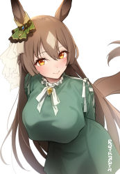 Rule 34 | 1girl, animal ears, arms behind back, artist name, bad id, bad pixiv id, blush, bow, breasts, brown hair, closed mouth, commentary, cowboy shot, crop top, crop top overhang, cropped shirt, ear ornament, ear ribbon, eyes visible through hair, gem, green ribbon, green shirt, green skirt, hair between eyes, half updo, highres, horse ears, horse girl, horse tail, large breasts, leaning forward, lips, long hair, long sleeves, looking at viewer, multicolored hair, neck ribbon, orange eyes, ribbon, rqtkrqtk, satono diamond (umamusume), shirt, signature, simple background, skirt, smile, solo, standing, straight hair, tail, two-tone hair, umamusume, white background, white ribbon, yellow gemstone